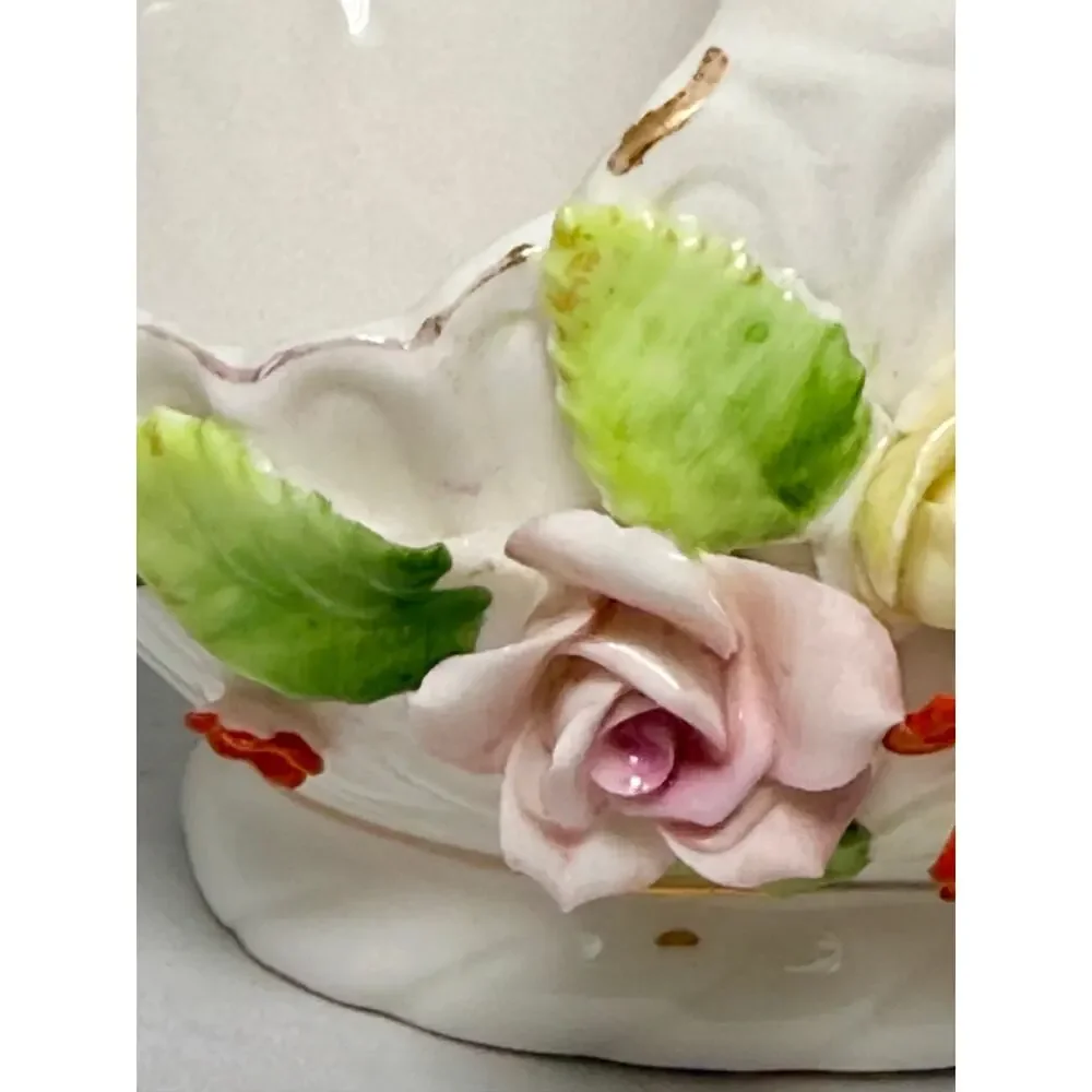 Vintage ARDCO Taiwan Porcelain Flower Basket Applied Roses Gold Trim 5 Inch